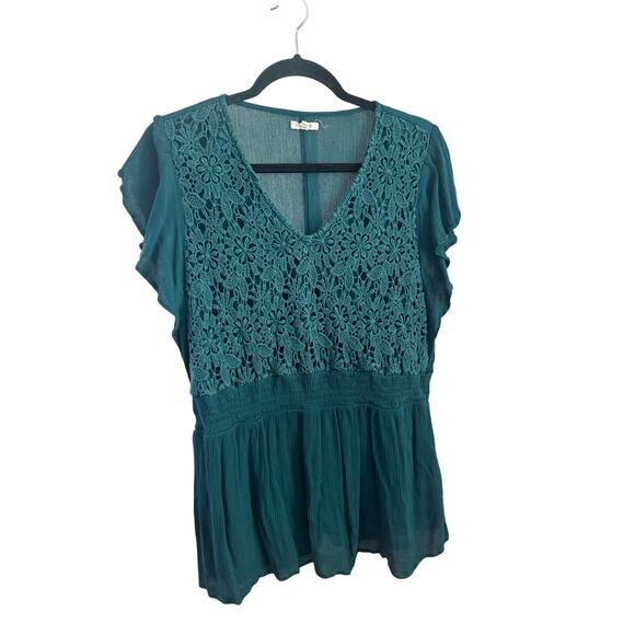 Maurices Crochet Lace Boho Blouse Teal Short Sleeve – Women’s 0X - Picture 1 of 6